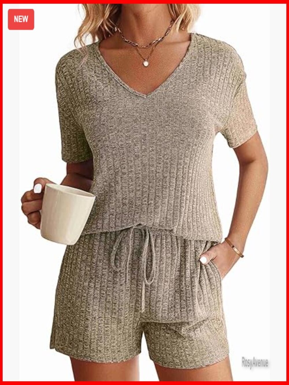 Ribbed Knit Lounge Set Short Sleeve Top and Shorts Pajama Set